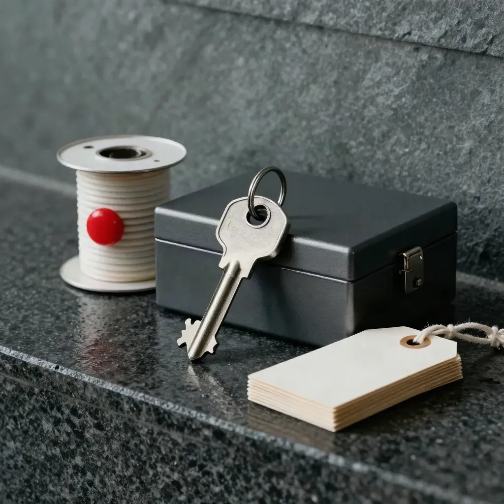 Brushed-steel keys, matte lockbox, tamper seal spool and evidence tags on rain-dark basalt.