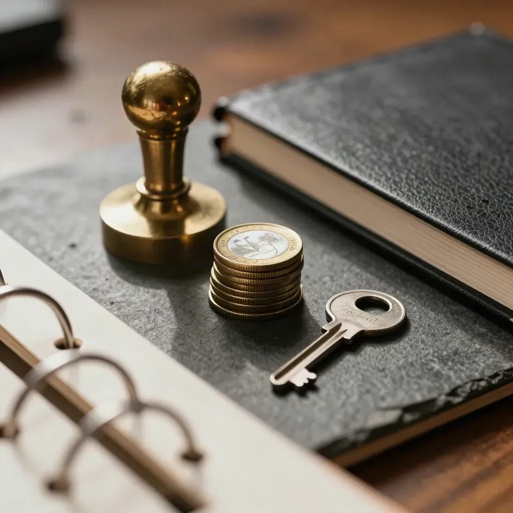 Brass coin stack, desk seal, and closed ledger on dark stone, seen through a blurred binder spine.