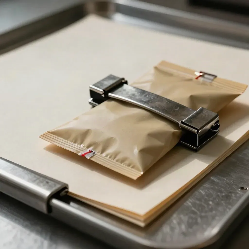 Macro view of archive clamps holding a sealed evidence pouch on brushed metal, with a red tamper thread.