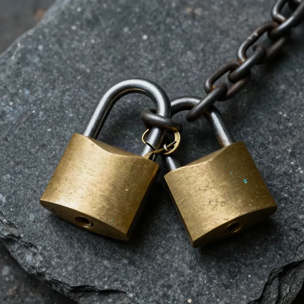 Brass padlocks, key ring and chain on charcoal stone with a faint cyan glint